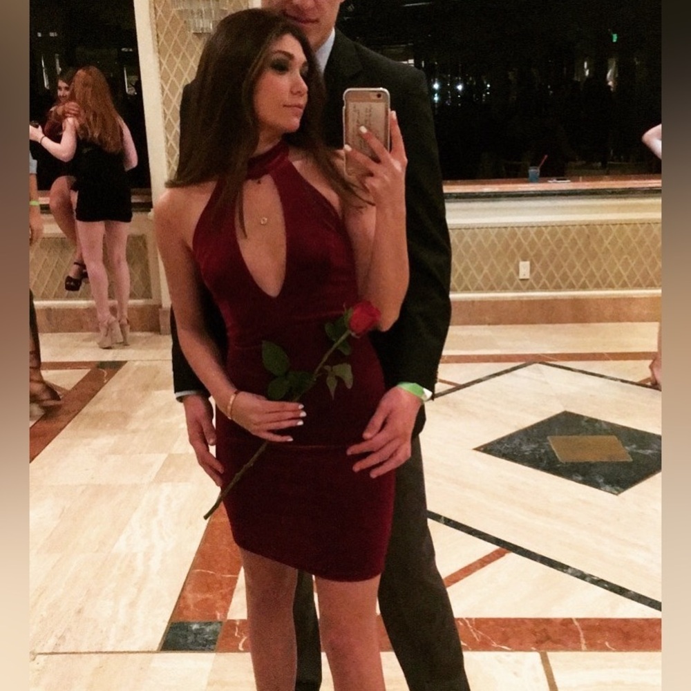 Lulu's Deep V Burgundy Halter Mini Dress